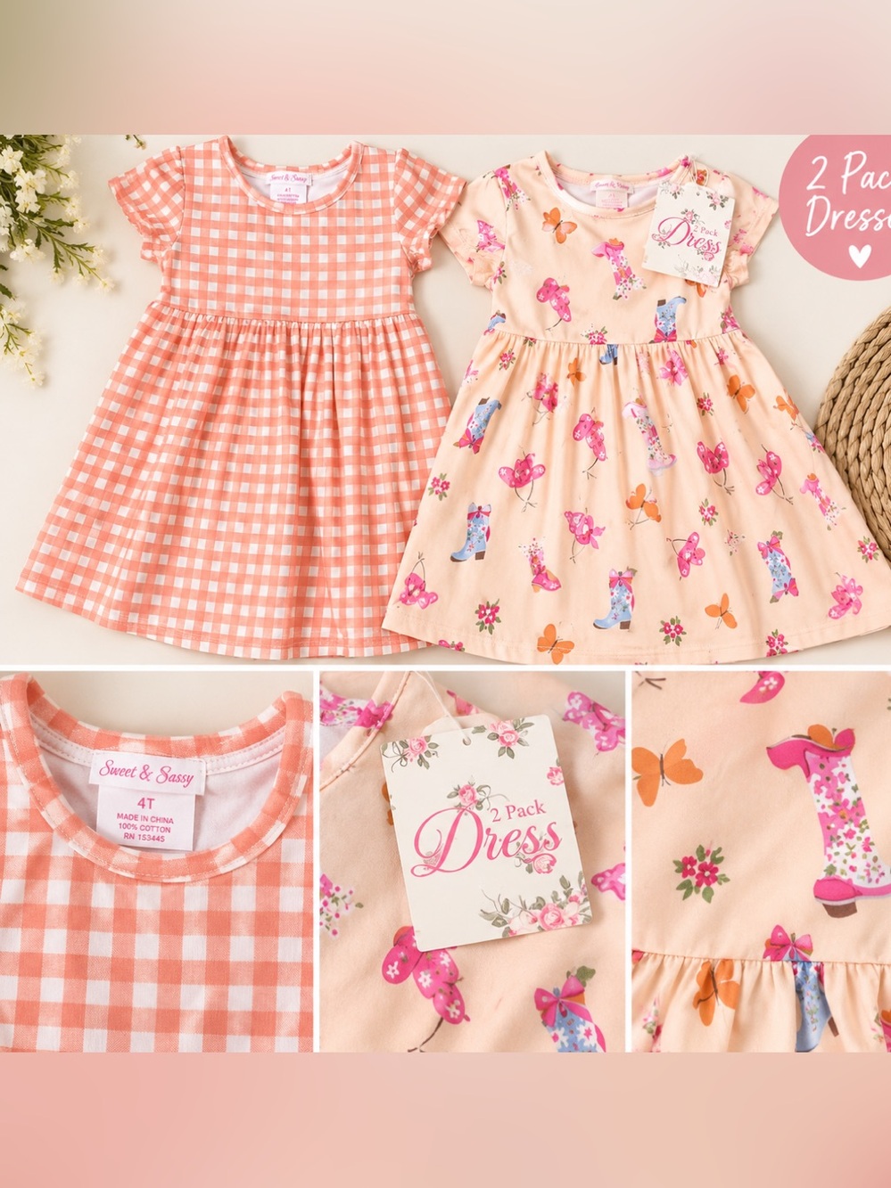Sweet & Sassy Girls 2-Pack Dresses Size 4T – Gingham & Cowboy Boots Butterfly Pr